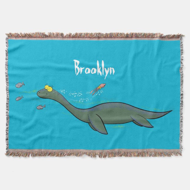 Cute, happy sea monster plesiosaur cartoon throw blanket (Front)