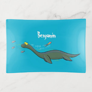 Cute, happy sea monster plesiosaur cartoon trinket tray