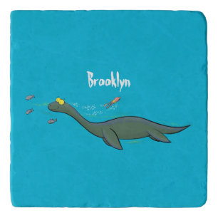 Cute, happy sea monster plesiosaur cartoon trivet