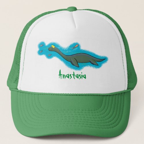 Cute happy sea monster plesiosaur cartoon trucker hat