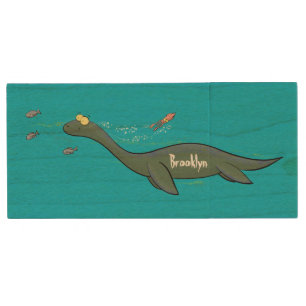 Cute, happy sea monster plesiosaur cartoon wood flash drive