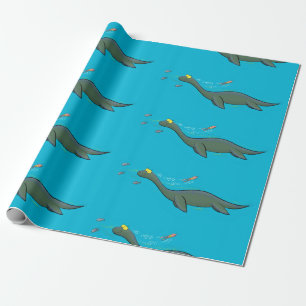 Cute, happy sea monster plesiosaur cartoon wrapping paper