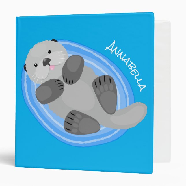 Cute happy sea otter blue cartoon illustration 3 ring binder (Front/Inside)