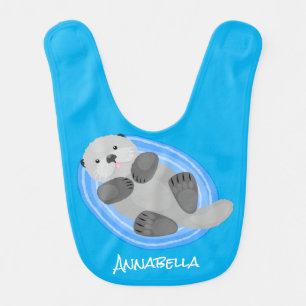Cute happy sea otter blue cartoon illustration baby bib