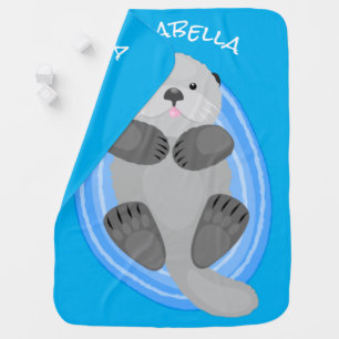 Cute happy sea otter blue cartoon illustration baby blanket