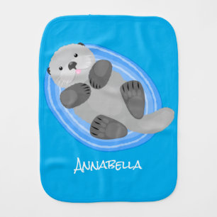 Cute happy sea otter blue cartoon illustration baby burp cloth