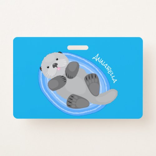 Cute happy sea otter blue cartoon illustration badge