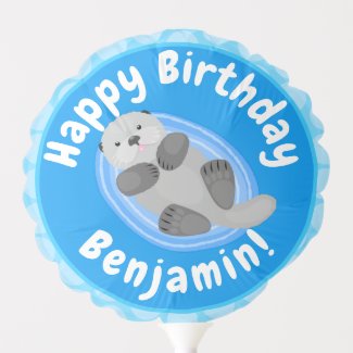 Cute happy sea otter blue cartoon illustration balloon