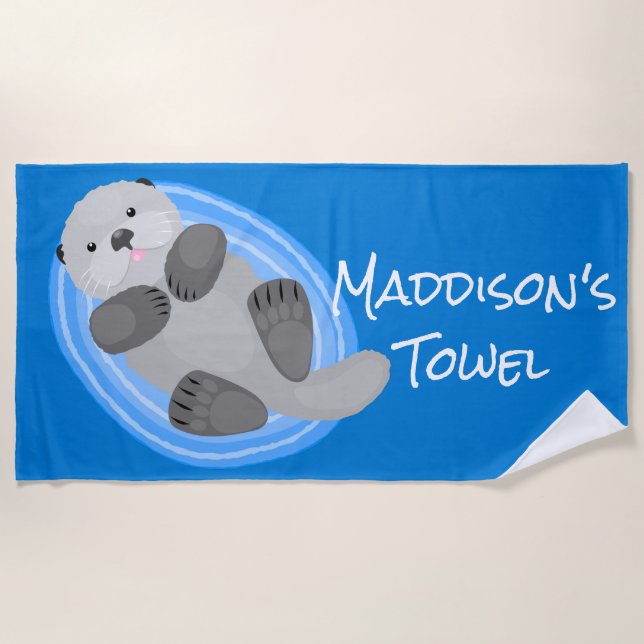 Cute happy sea otter blue cartoon illustration beach towel (Front)