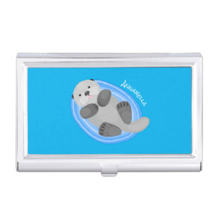 Cute happy sea otter blue cartoon illustration business card case