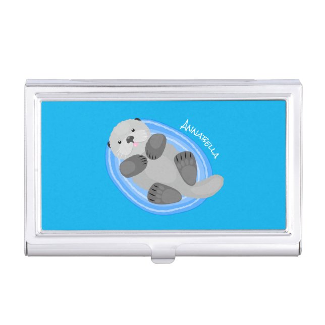 Cute happy sea otter blue cartoon illustration business card case (Front)