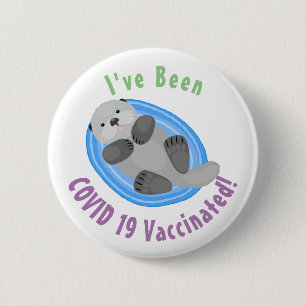 Cute happy sea otter blue cartoon illustration button