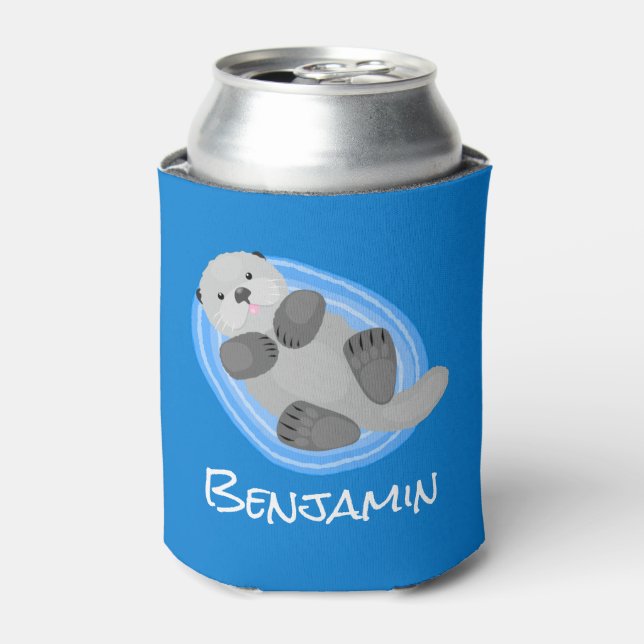 Cute happy sea otter blue cartoon illustration can cooler (Can Front)