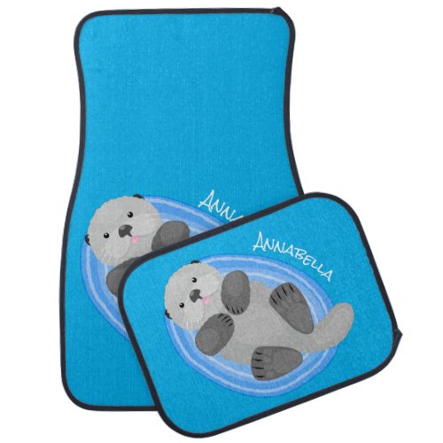 Cute happy sea otter blue cartoon illustration  car floor mat