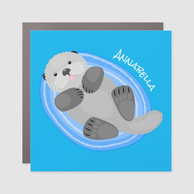 Cute happy sea otter blue cartoon illustration car magnet (Front)