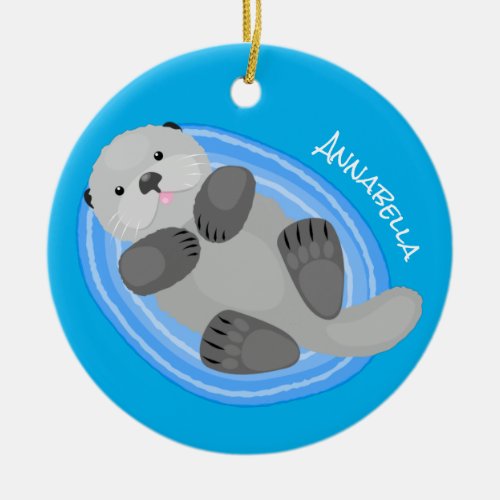 Cute happy sea otter blue cartoon illustration ceramic ornament