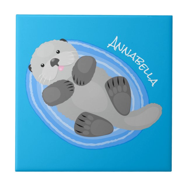 Cute happy sea otter blue cartoon illustration ceramic tile (Front)