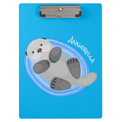 Cute happy sea otter blue cartoon illustration clipboard