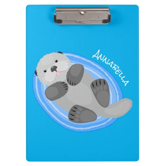 Cute happy sea otter blue cartoon illustration clipboard (Front)