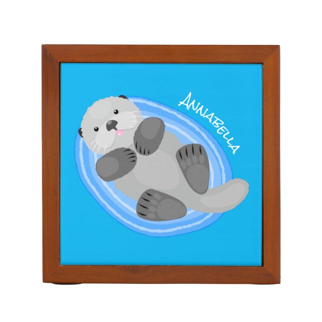 Cute happy sea otter blue cartoon illustration desk organizer (Front)