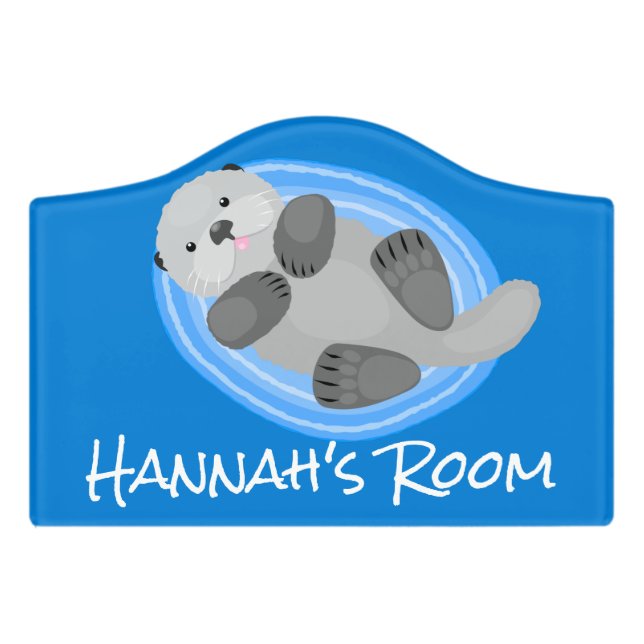 Cute happy sea otter blue cartoon illustration door sign (Small Crest Front)