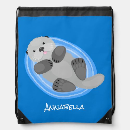 Cute happy sea otter blue cartoon illustration drawstring bag