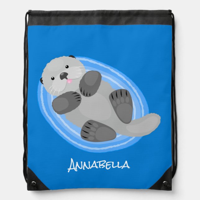 Cute happy sea otter blue cartoon illustration drawstring bag (Front)