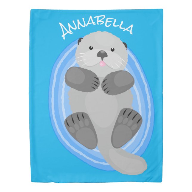 Cute happy sea otter blue cartoon illustration duvet cover (Front)