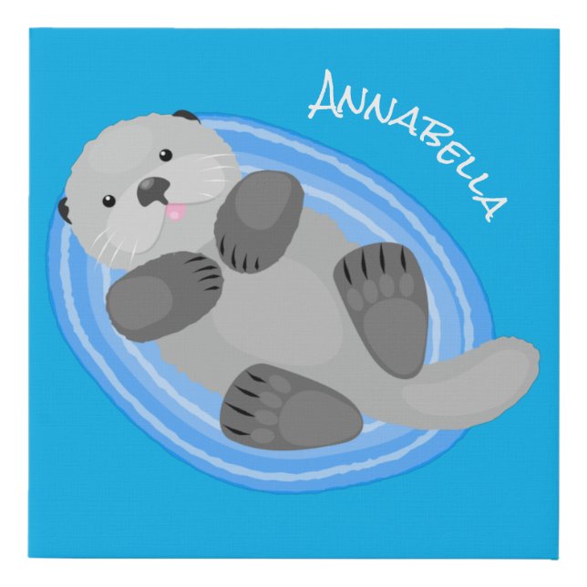 Cute happy sea otter blue cartoon illustration faux canvas print (Front)
