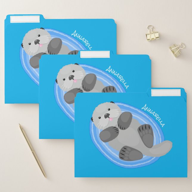 Cute happy sea otter blue cartoon illustration file folder (Set)