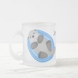 Cute happy sea otter blue cartoon illustration frosted glass coffee mug