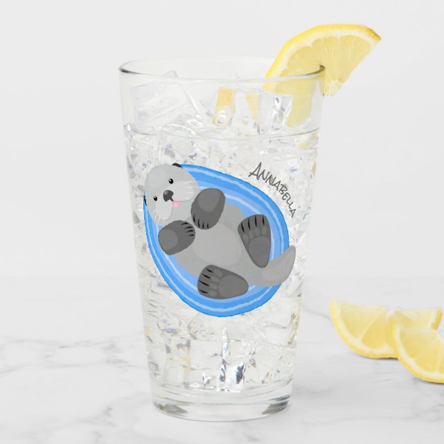 Cute happy sea otter blue cartoon illustration glass (Back Ice)