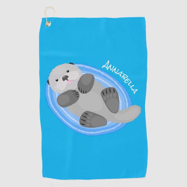 Cute happy sea otter blue cartoon illustration golf towel (Front)