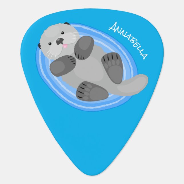 Cute happy sea otter blue cartoon illustration guitar pick (Front)