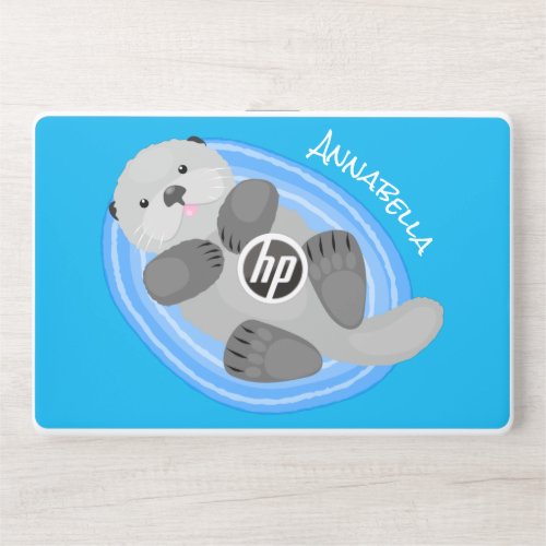 Cute happy sea otter blue cartoon illustration HP laptop skin