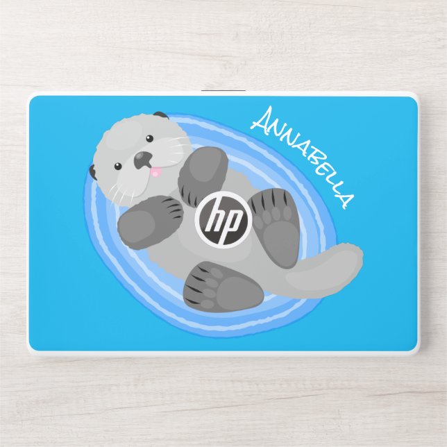 Cute happy sea otter blue cartoon illustration HP laptop skin (Front)