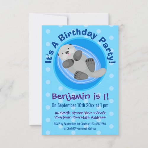 Cute happy sea otter blue cartoon illustration invitation