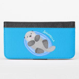 Cute happy sea otter blue cartoon illustration iPhone x wallet case