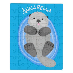 Cute happy sea otter blue cartoon illustration jigsaw puzzle