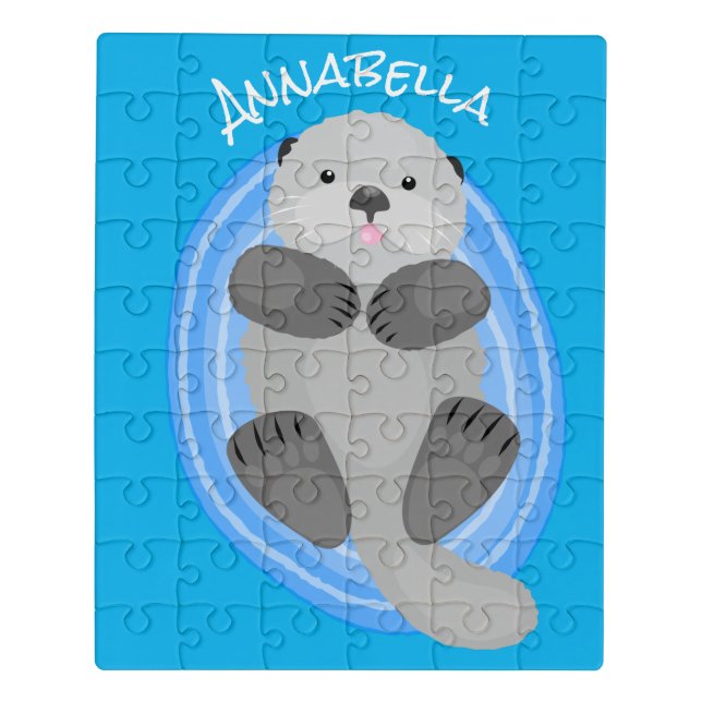 Cute happy sea otter blue cartoon illustration jigsaw puzzle (Puzzle Vertical)
