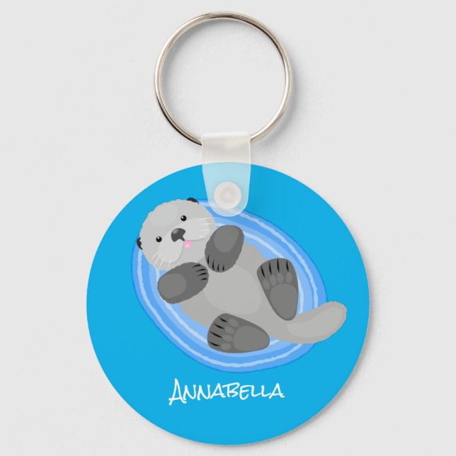 Cute happy sea otter blue cartoon illustration keychain (Front)