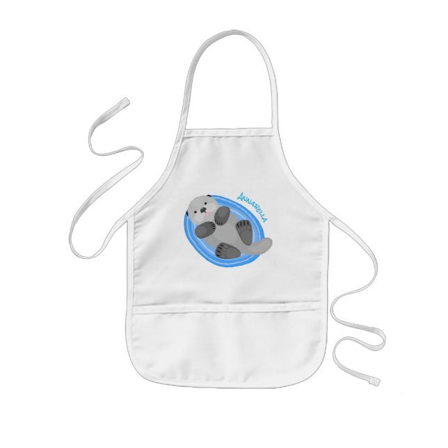 Cute happy sea otter blue cartoon illustration kids' apron (Front)