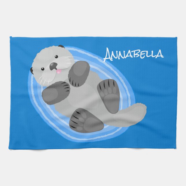 Cute happy sea otter blue cartoon illustration kitchen towel (Horizontal)