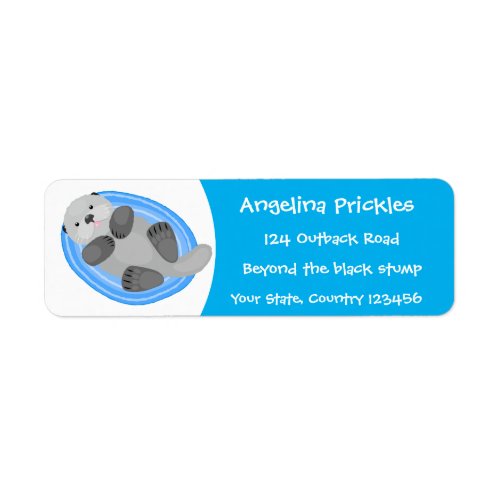 Cute happy sea otter blue cartoon illustration label