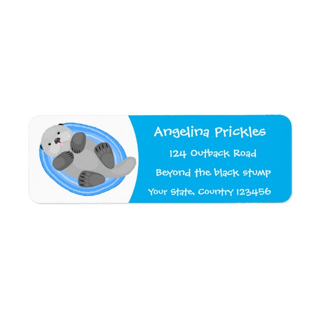 Cute happy sea otter blue cartoon illustration label (Front)