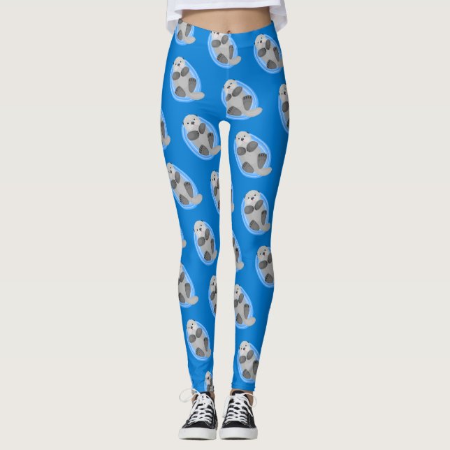 Cute happy sea otter blue cartoon illustration leggings (Front)
