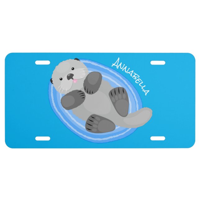 Cute happy sea otter blue cartoon illustration  license plate (Front)