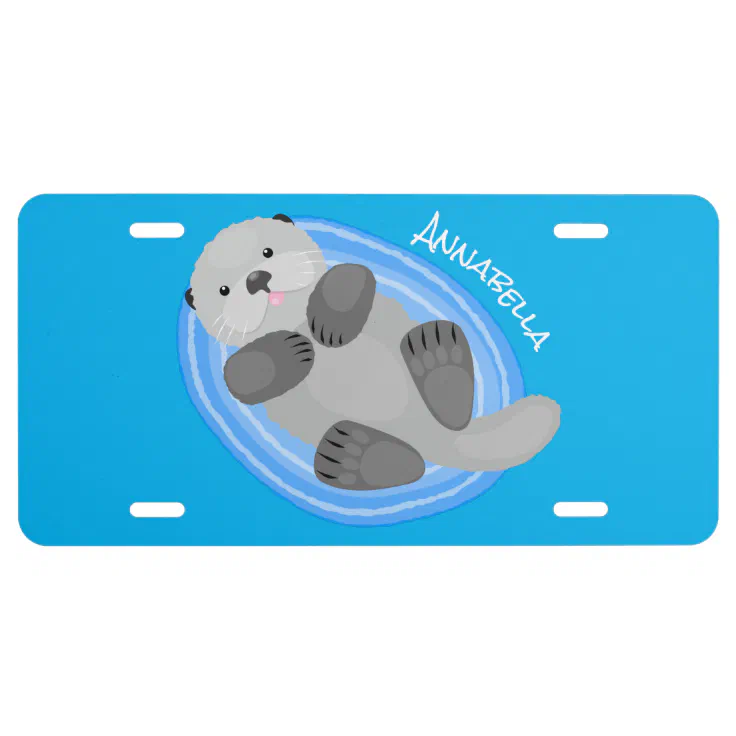 Cute happy sea otter blue cartoon illustration license plate | Zazzle