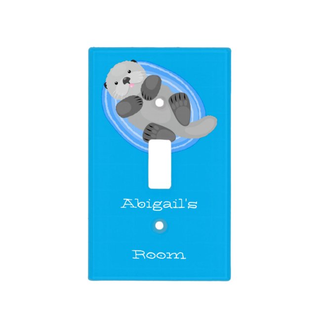 Cute happy sea otter blue cartoon illustration light switch cover (Front)