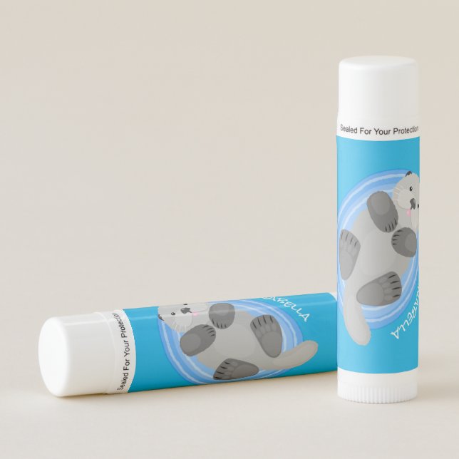 Cute happy sea otter blue cartoon illustration lip balm (Front)